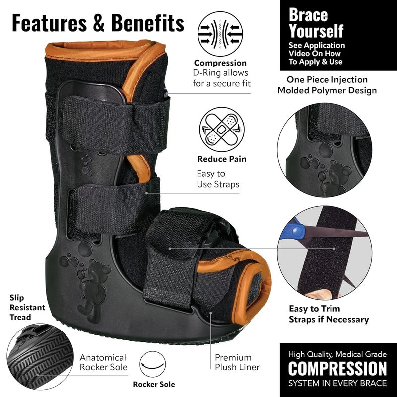Braceapedia Pediatric Buddy Boot, Kids Medical Grade Left/Right Foot & Ankle Support Brace, Sprain & Injury Recovery Walker Boots, Kids Ankle Brace for Sports and Recovery, Small Orange Liner, Black - Image 3